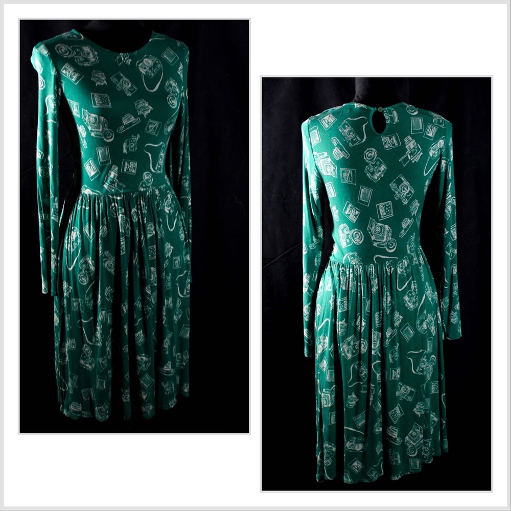 Teal Mod Cloth Camera Dress Long Sleeve Babydoll Midi Dress